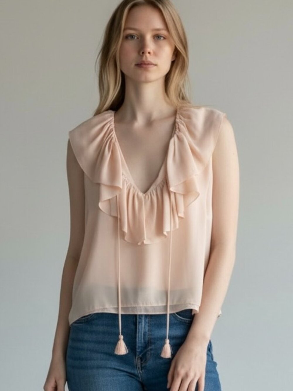 Chloe silk v-neck blouse with ruffles - pinky/peach size US4 FR36
